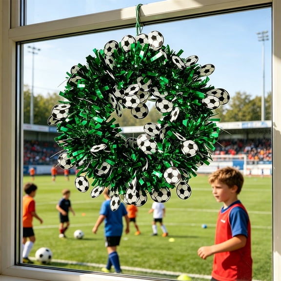 Wall Hanging Football Themed Wreath Green Metal Wire Decoration for Indoor Outdoor Party Fan Decor 1pc