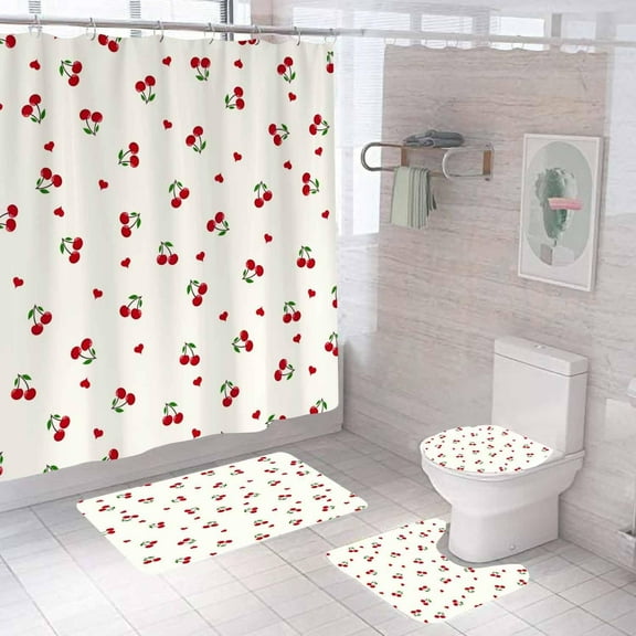 4PCS Kids Red Cherry Shower Curtain Sets with Rugs, Waterproof Fabric Beige Shower Curtain, Summer Fresh Cute Fruit Green Leaves Love Heart Kawaii Cartoon Aesthetic Teen Girls Bathroom Decor