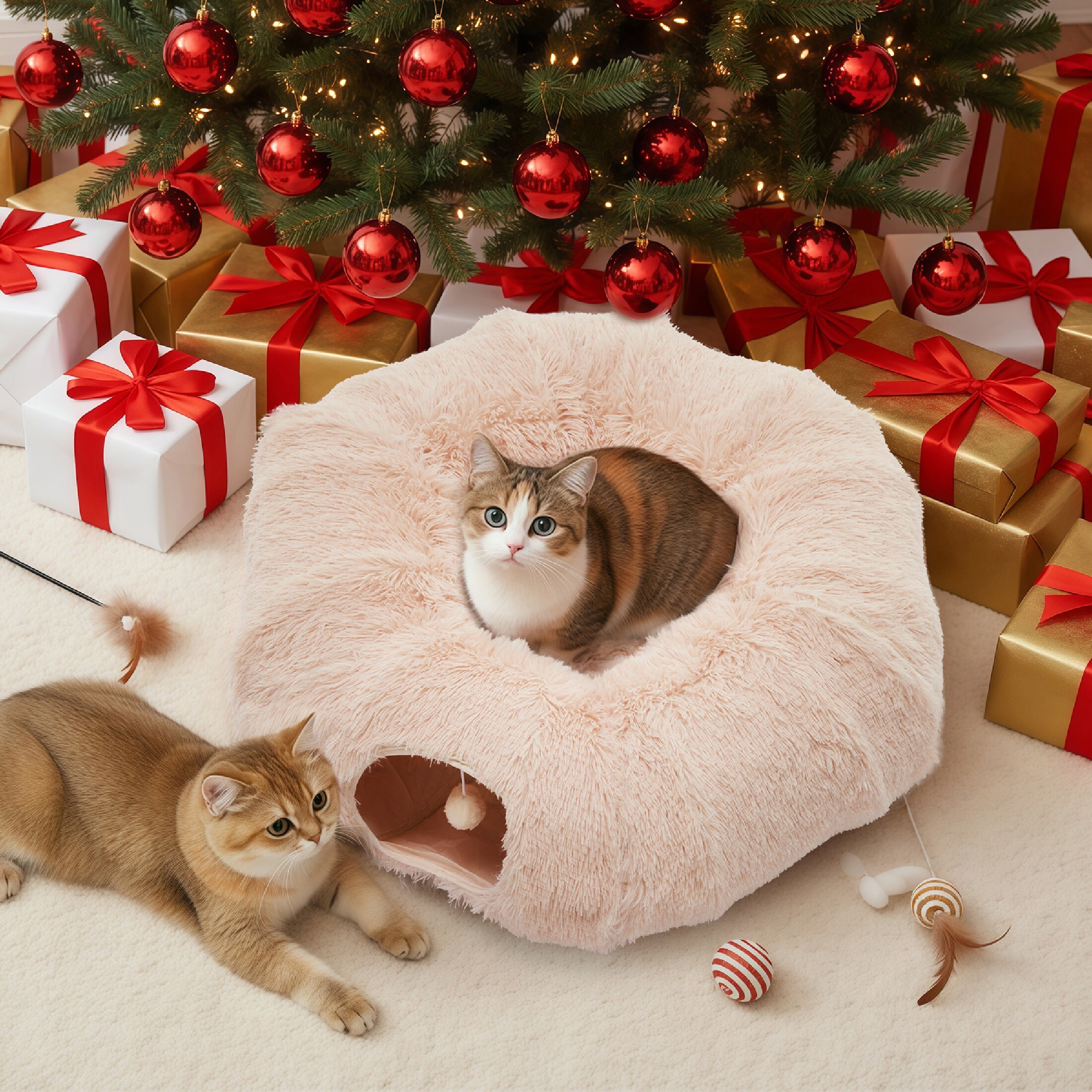 edx Cat Tunnel Bed for Indoor Cats, Soft Plush Peekaboo Hideaway Cave with Circle Cushion, Washable Multifunctional Playground Cat Donut Tunnel for Kittens, Rabbit, Ferret, Light Brown