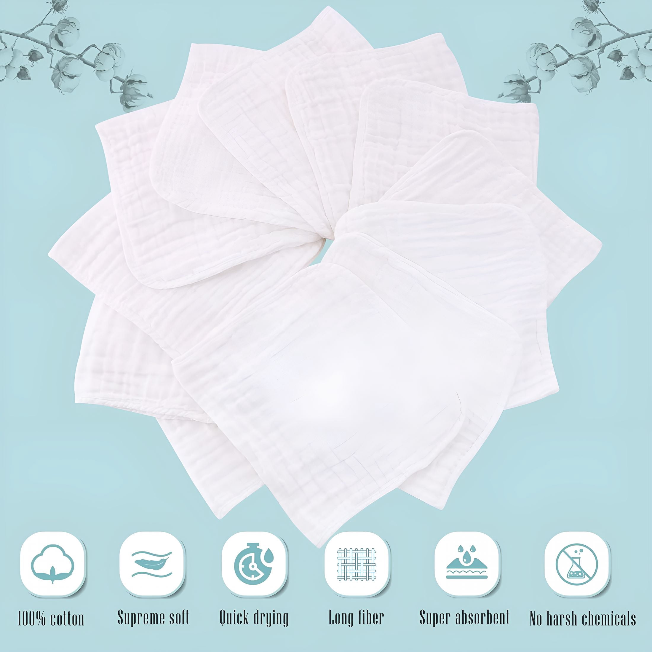 AUQ 2026 New 12 Pack Muslin Burp Cloths for Baby-Ultra-Soft 100% Cotton Baby Washcloths-Large 20'' By 10'' Super Absorbent Milk Spit Up Rags-Burpy Cloths for Unisex,Boy,Girl-White