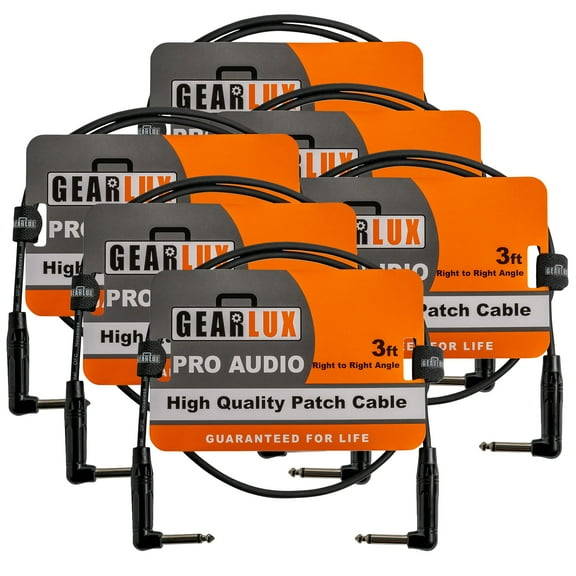 Gearlux Guitar Patch Cable, 1/4 Inch, Right Angle to Right Angle, Black, 3 Feet - 6 Pack