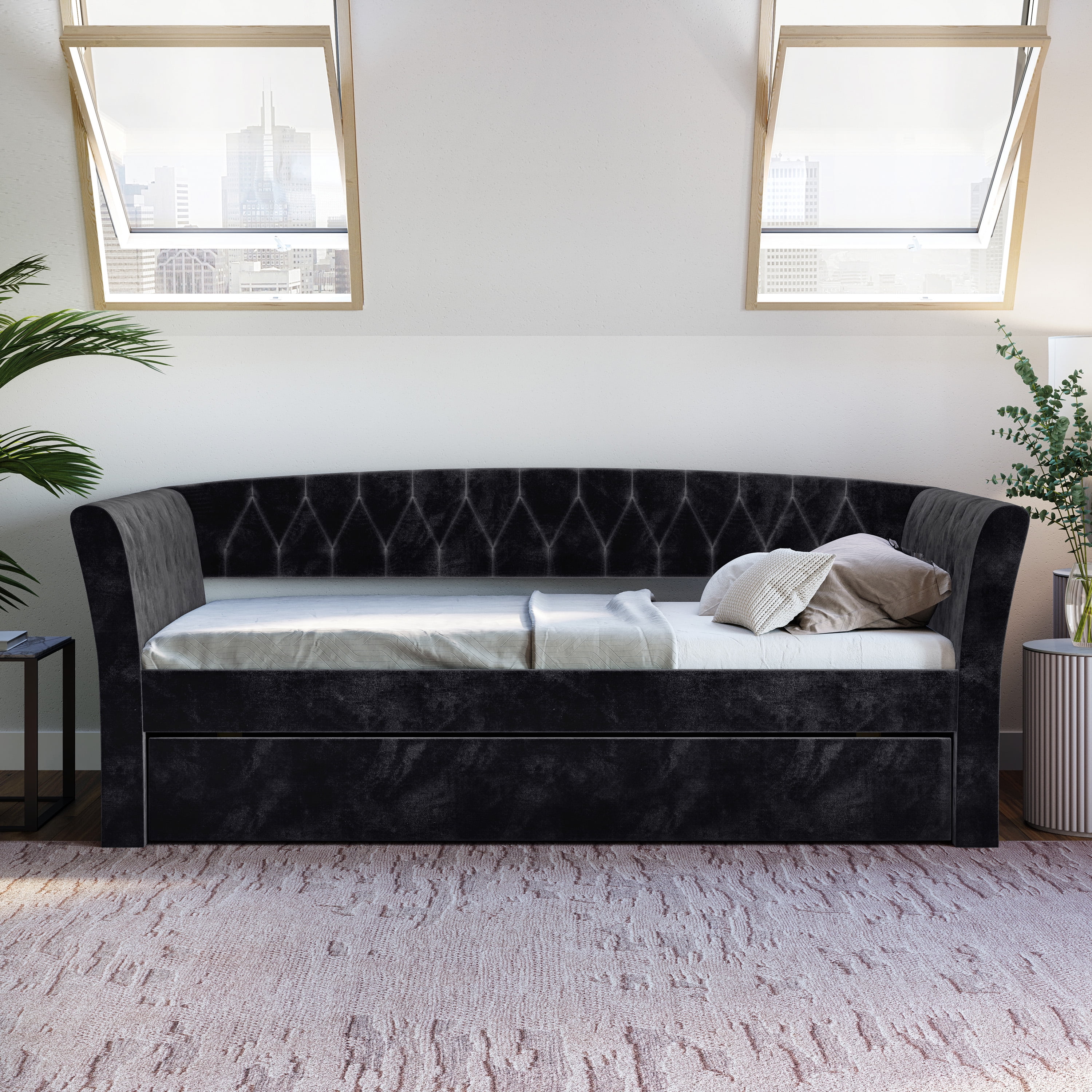 Boyd Sleep Kendal Black Tufted Velour Daybed with Trundle Bed, Twin
