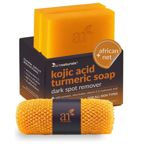 Artnaturals Kojic Acid Soap (2 pack X 142g Turmeric Bars) (includes African Net Sponge)