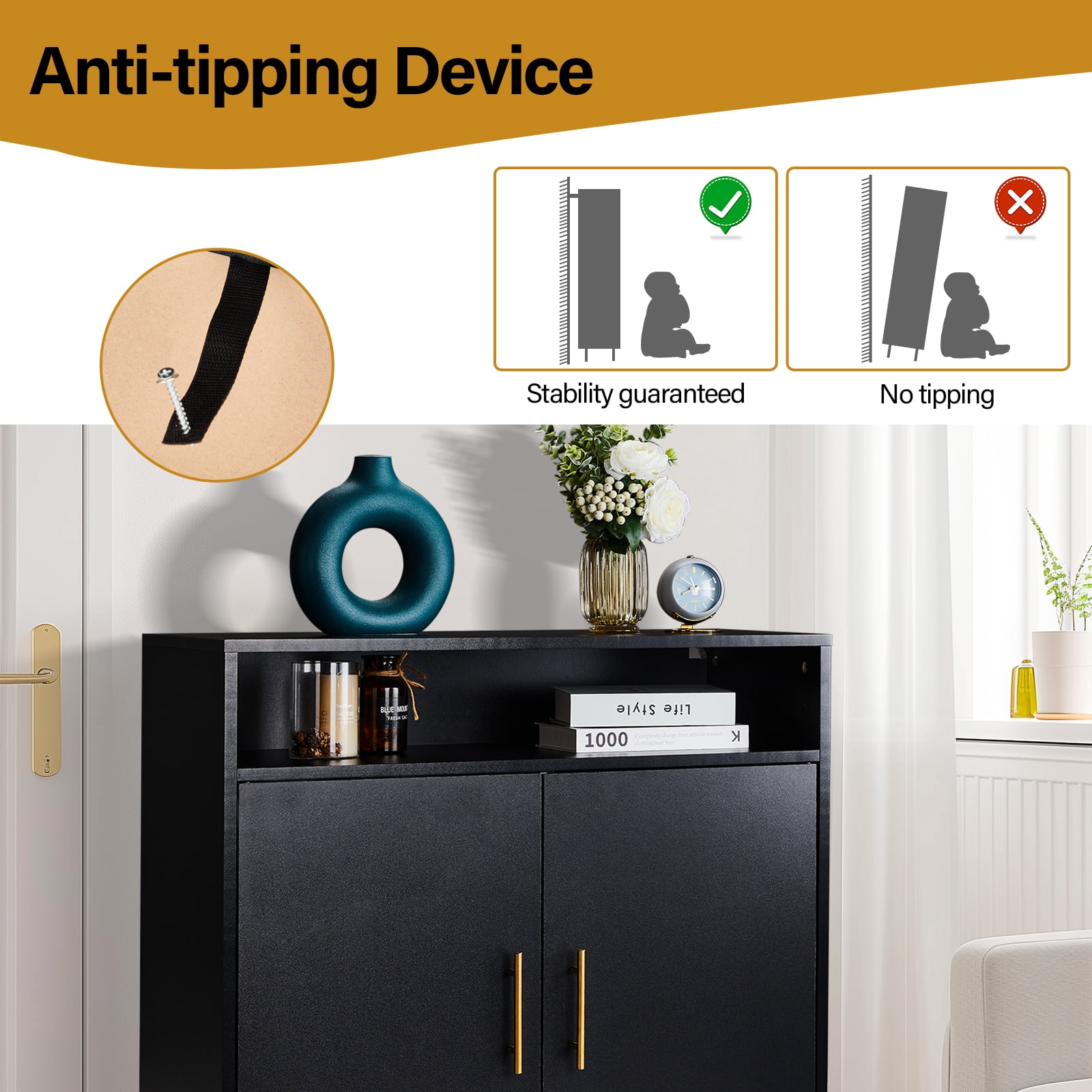Dual Function Shoe Storage Cabinet with 6-Layer Adjustable Shelves LED Sensor Light Double Door High Foot Black Particle Board Home Organizer