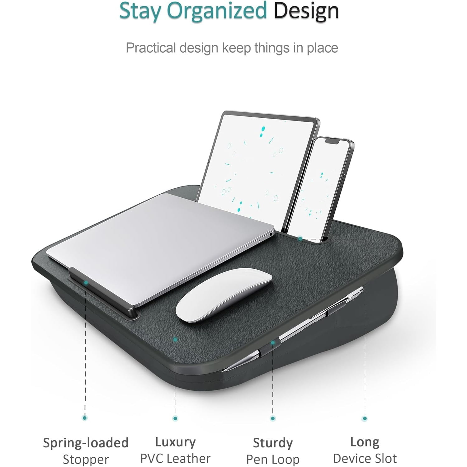 Lap Desk, Portable Laptop Stand with Washable Cushion, Fits up to 17 inch Laptop, with Device Ledge and Phone Holder, Use on Bed,Couch, Sofa, Floor, Home Office