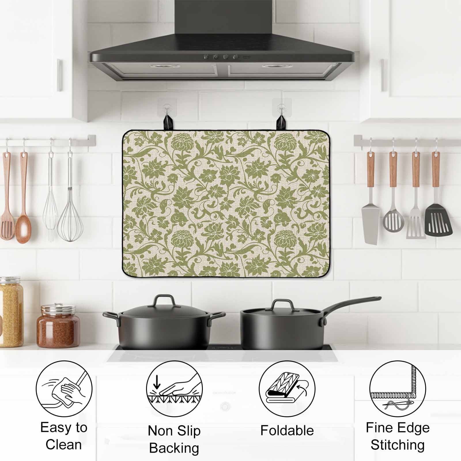 Green Floral Stove Top Cover for Electric Stove, Heat-proof & Non Slip Glass Top Stove Cover Protector, Vintage Rustic Botanical Spring Kitchen Flat Cooktop Rubber Mat 24x21 Inches