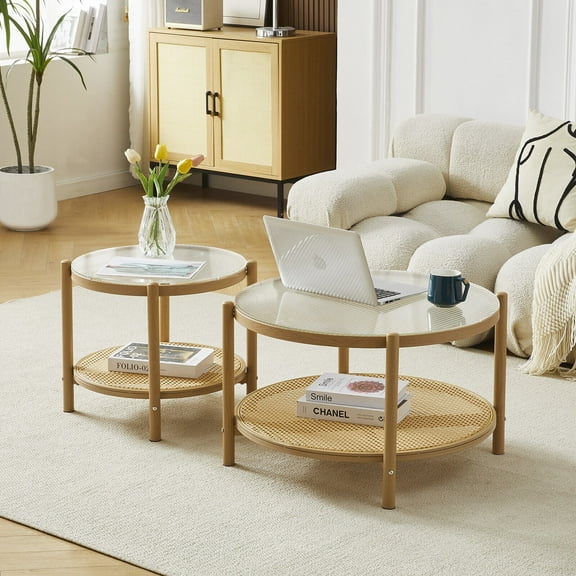 COSVALVE Set of 2 Round Rattan Coffee Tables 2-Tier Glass Metal Side End Table Bedroom Living Room