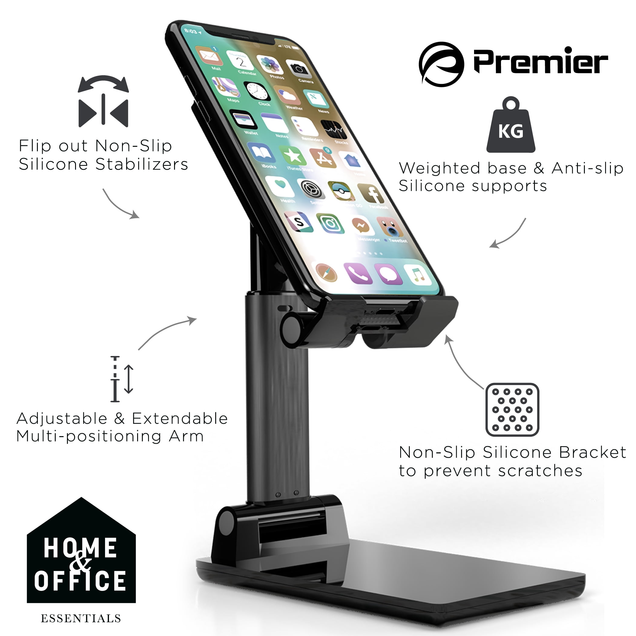 Premier Desktop Tablet and Mobile Phone Stand, Portable, Easy to Adjust, Foldable, Black
