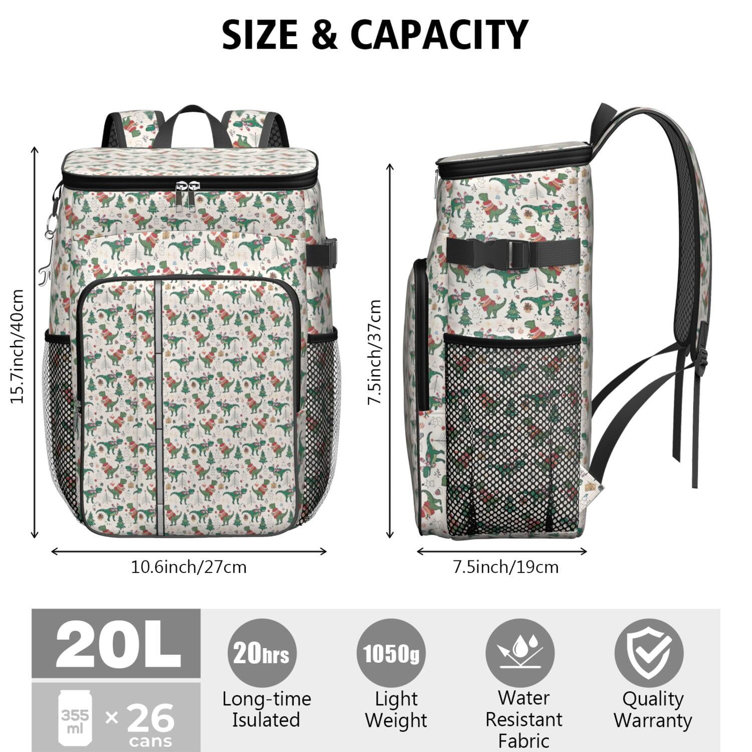 Travel Cooler Bag - Beige Christmas Dinosaur Pattern Camping Beer Cooler Backpack with Bottle Opener- Waterproof Insulated Picnic Backpacks - Cooler Bag for Beach