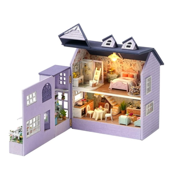 DIY Miniature Wooden Furniture Kit with LED Light, 1:32 Scale Creative Dollhouse Model for Teens and Adults, Purple