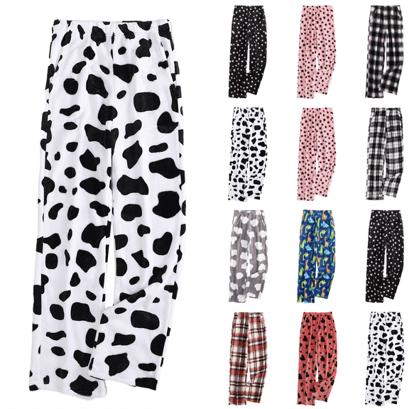 Flannel Pajama Pants Women Funny Cow Print Fuzzy Bottoms With Pockets Soft Flannel Fleece Elastic Waist Straight Wide Leg Loose Fit Comfy Lounge Home For Sleep