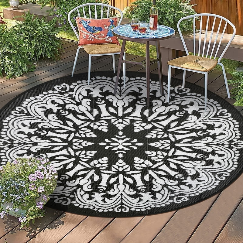Aonewoe Round Outdoor Rugs 6Ft Waterproof Patio Plastic Straw Rug Reversible Camping Carpet Indoor Outdoor Area Rug for Patio,Deck,Balcony,Picnic,Beach,Outside