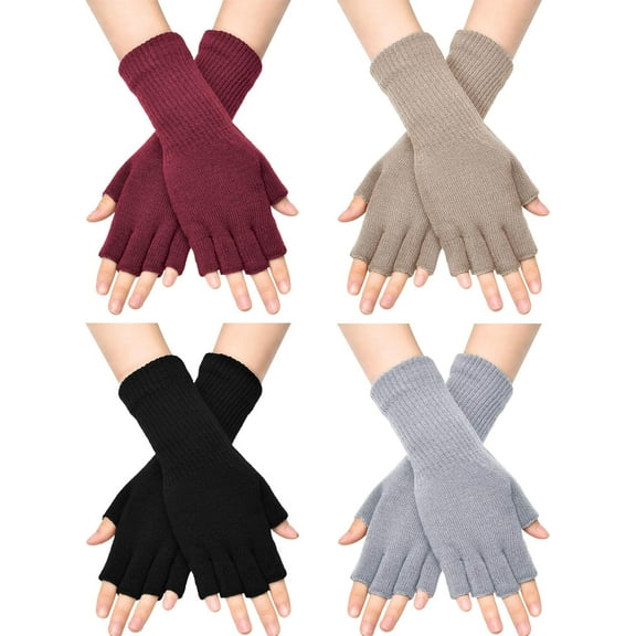 4Pairs Fingerless Gloves for Women Half Finger Typing Gloves with Long Wrist Cuff Winter Knit Fingerless Mittens for Women