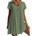thumbnail image 5 of GENEMA Women Short Sleeve V-Neck A-Line Ruffle Hem Swing Tunic Mini Dress Solid Color, 5 of 19