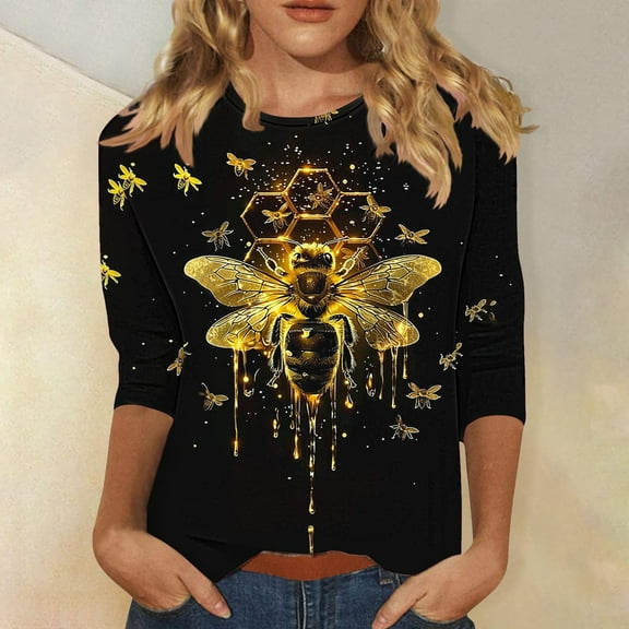 Bee Print Womens Tops Womens Tunic Tops 3/4 Sleeve Black Summer Tops for Teens Girls Womens Summer T Shirts Plus Size Shirts for Women Dressy
