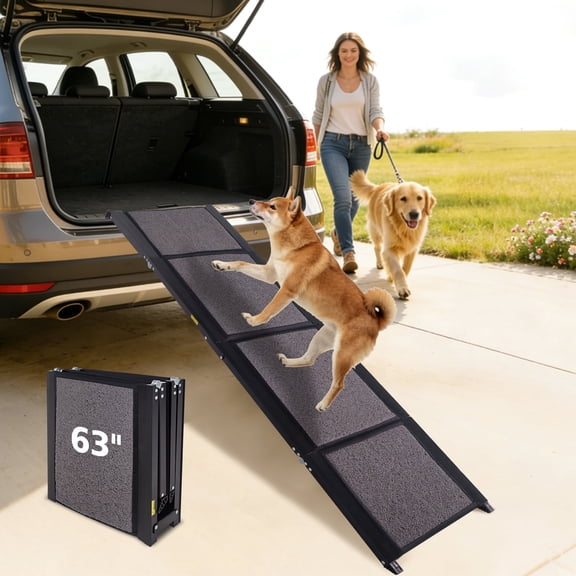 KLB Sport 63" Foldable Pet Ramp, Non-Slip Portable Dog Ramp for Cars, SUVs, Trucks & Stairs, Lightweight Aluminum Pet Ramp with Safe Grip Surface for Small to Large Dogs, Easy Storage