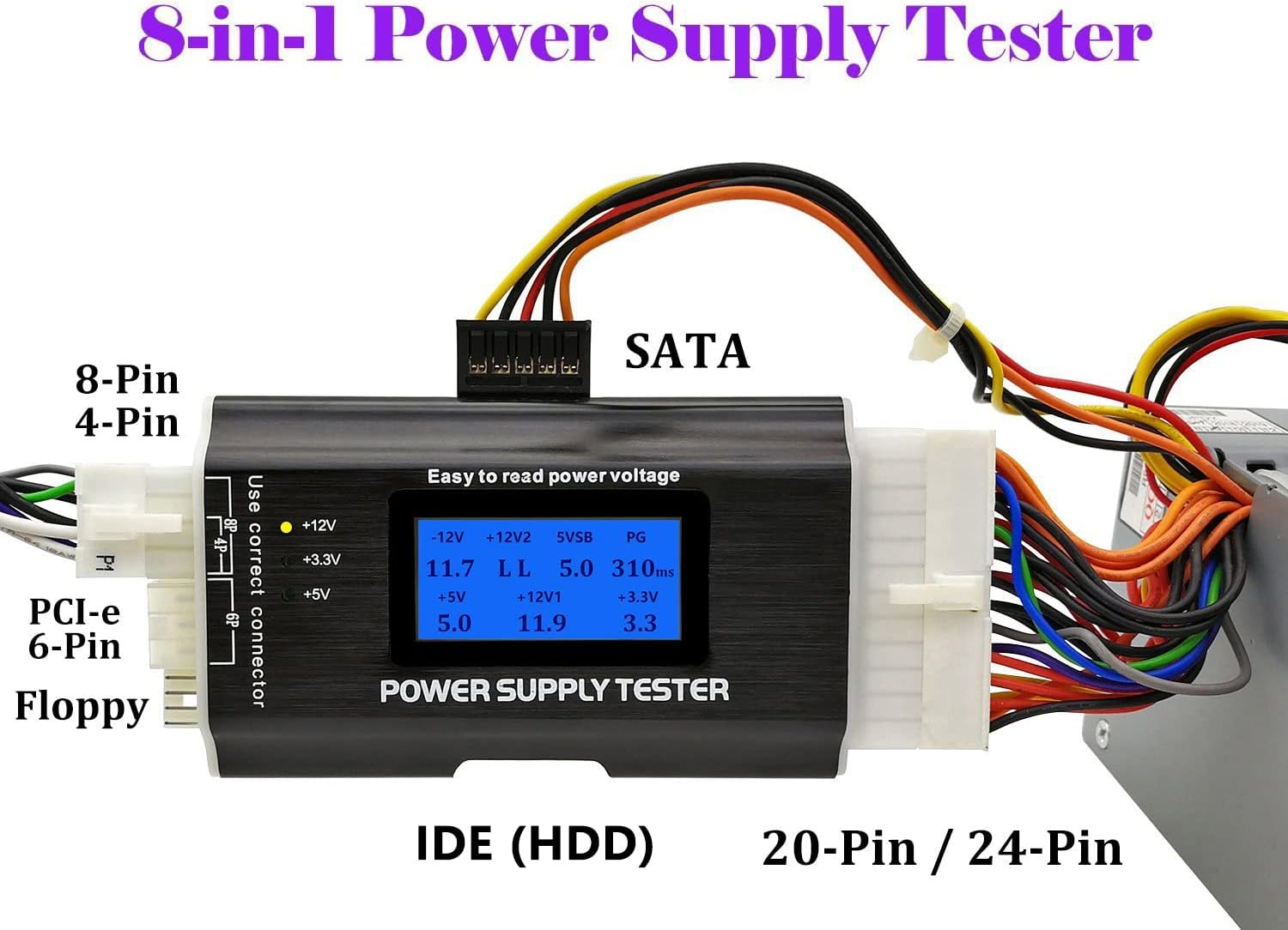 Computer PC Power Supply Tester, ATX/ITX/IDE/HDD/SATA/BYI Connectors Power Supply Tester, 1.8'' LCD Screen (Aluminum Alloy Enclosure) - image 4 of 7