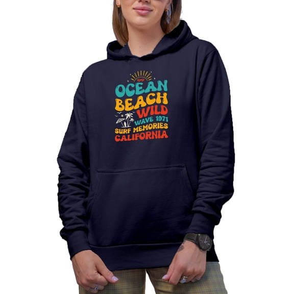 Ocean Beach Wild Wave 1971 Surf Memories California, Retro Quote, Groovy Retro Wavy Text Merch Gift, Navy Blue Hooded Sweatshirt or Hoodie, Large