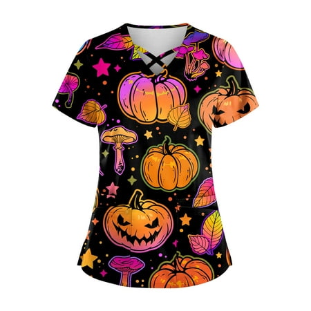 

Knosfe Scrub Tops for Women Plus Size Pumpkin Ghost Bat Short Sleeve Nurse V Neck Maternity Scrubs for Women Medical Halloween Workwear Womens Going Out Tops with Two Pockets Ginger 5XL