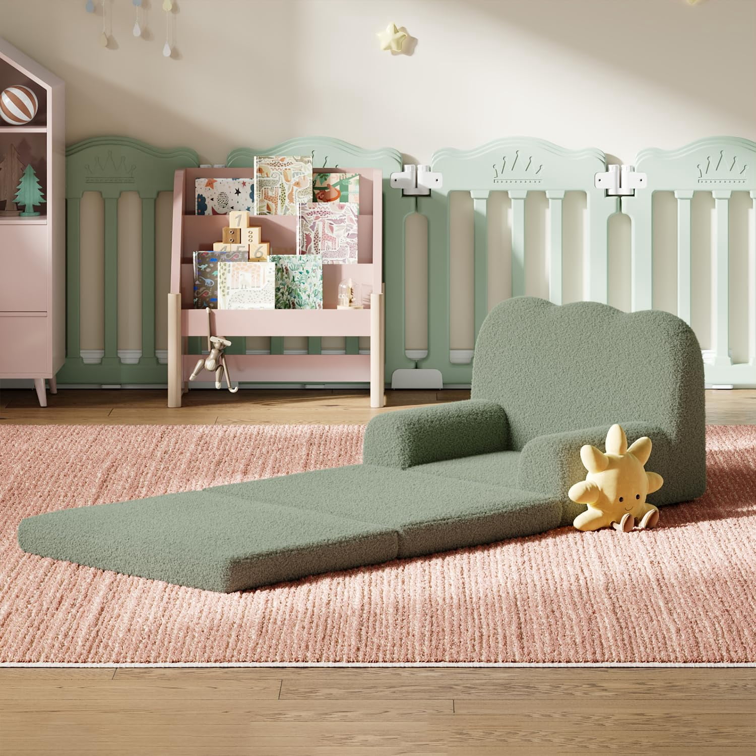 Ataucjin Kids Couch,2-in-1 Convertible Teddy Fleece Fabric Toddler Sofa Chair,Toddler Chair Comfy,Convertible Sofa to Lounger,Soft Fold Out Couch Lounger for Kids,Comfy Children's Sofa Bed
