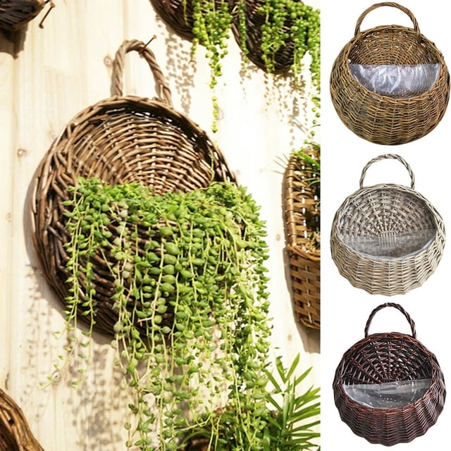 HLONK Wall Fence Hanging Planter Handmade Rattan Basket Hand Made Wicker Rattan Flower Basket Flower Pots Hanger Garden Decoration Indoor Outdoor Watering Hanging Baskets