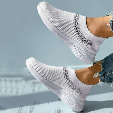 

HIBRO Women s Ladies Casual Crystal Slip On Mesh Breathable Sneakers Loafers Shoes