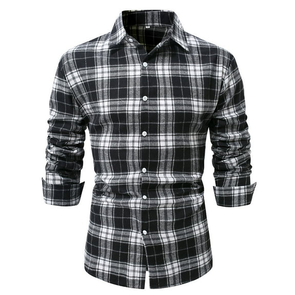 Men Long Sleeved Brushed Plaid Shirt Plus Size Slim Fashion Polyester Shirt