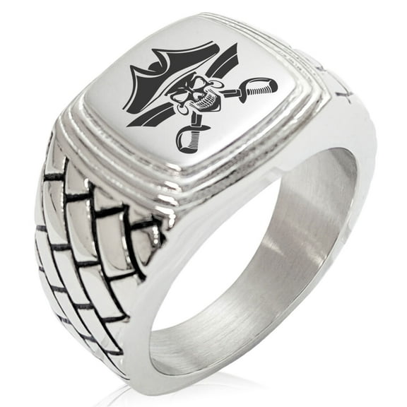 Stainless Steel Jolly Roger Skull Pirates Cross Swords Geometric Pattern Step-Down Biker Style Polished Ring