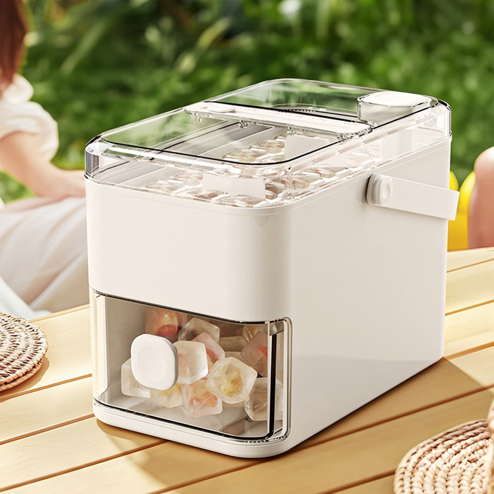 48 Cube Ice Maker With Easy Press Lid, Double Layer Portable Ice Maker with Lid and Storage Box for Freezer, Handled Press-Type Ice Cubes Tray with Lid and Bin for Whiskey, Cocktail, Beer (Beige)