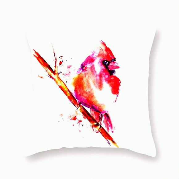 Birds Nest Watercolor Pillow Cover - Red Cardinal Tree Branch Home Decor Case - Soft Square 18x18 Inch Cushion for Sofa Couch - Cute Animals Theme