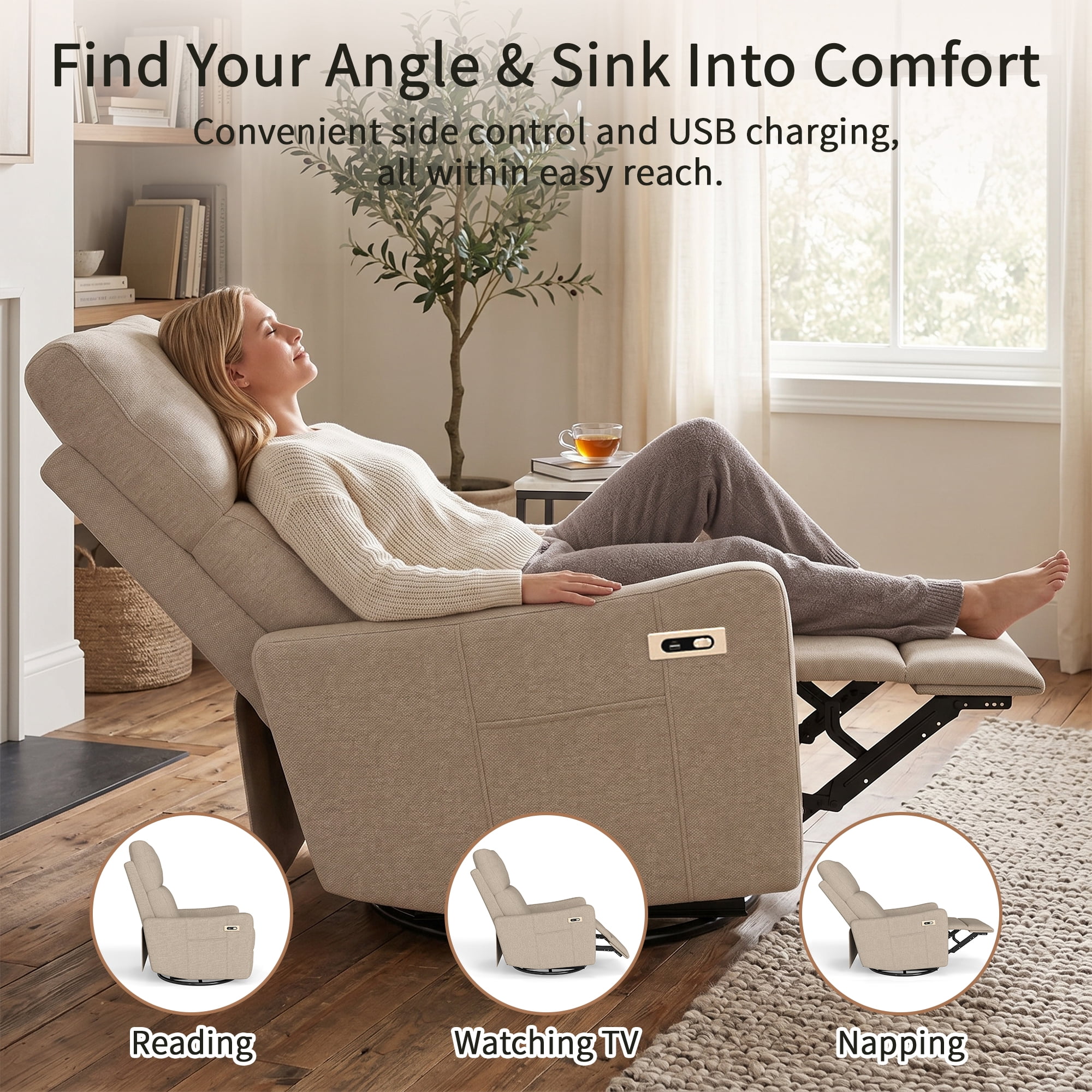 Leumius Swivel Recliner Chair,270° Swivel Rocker Chair for Adults,Small Rocking Recliner for Small Spaces, Upholstered Fabric Glider Recliner Nursery,Living Room Chair,Theater SeatingBrown