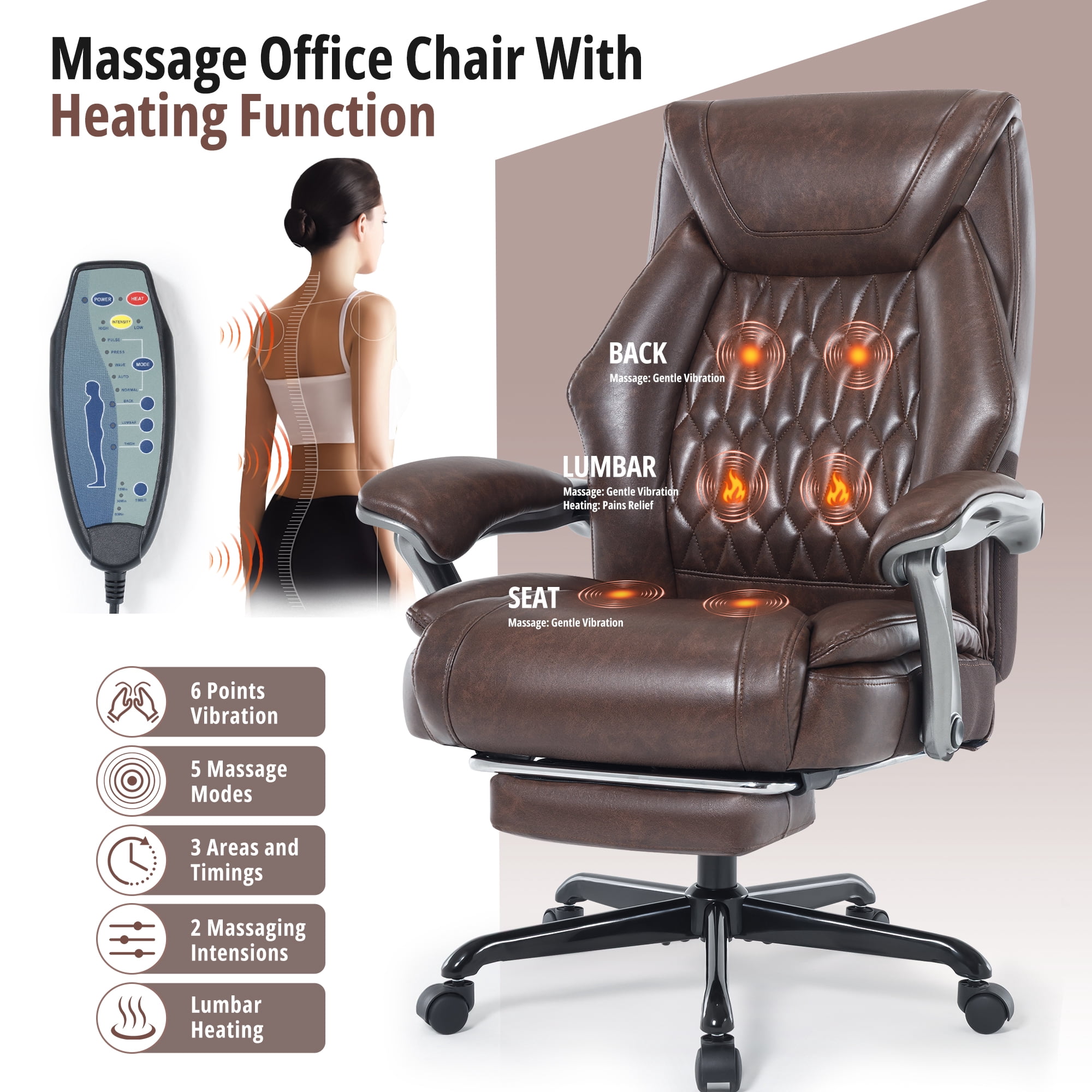 6-Point Massage Office Chair with Lumbar Support, Reclining Ergonomic Computer Desk Chair with Footrest for Full Support, PU Leather High Back Executive Computer Chair, Heated Executive Office Chair