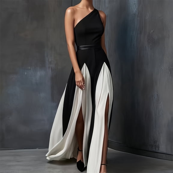 Morttic Women's Elegant Colorblock A-Line Asymmetrical One Shoulder Maxi Dress – High Split Hem Evening Formal & Party Gown Black White,S