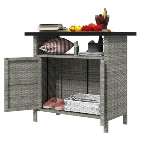 Wicker Outdoor Storage Cabinet - Pool Towel Storage - Patio Deck Cabinet - Weather Resistant - Gray