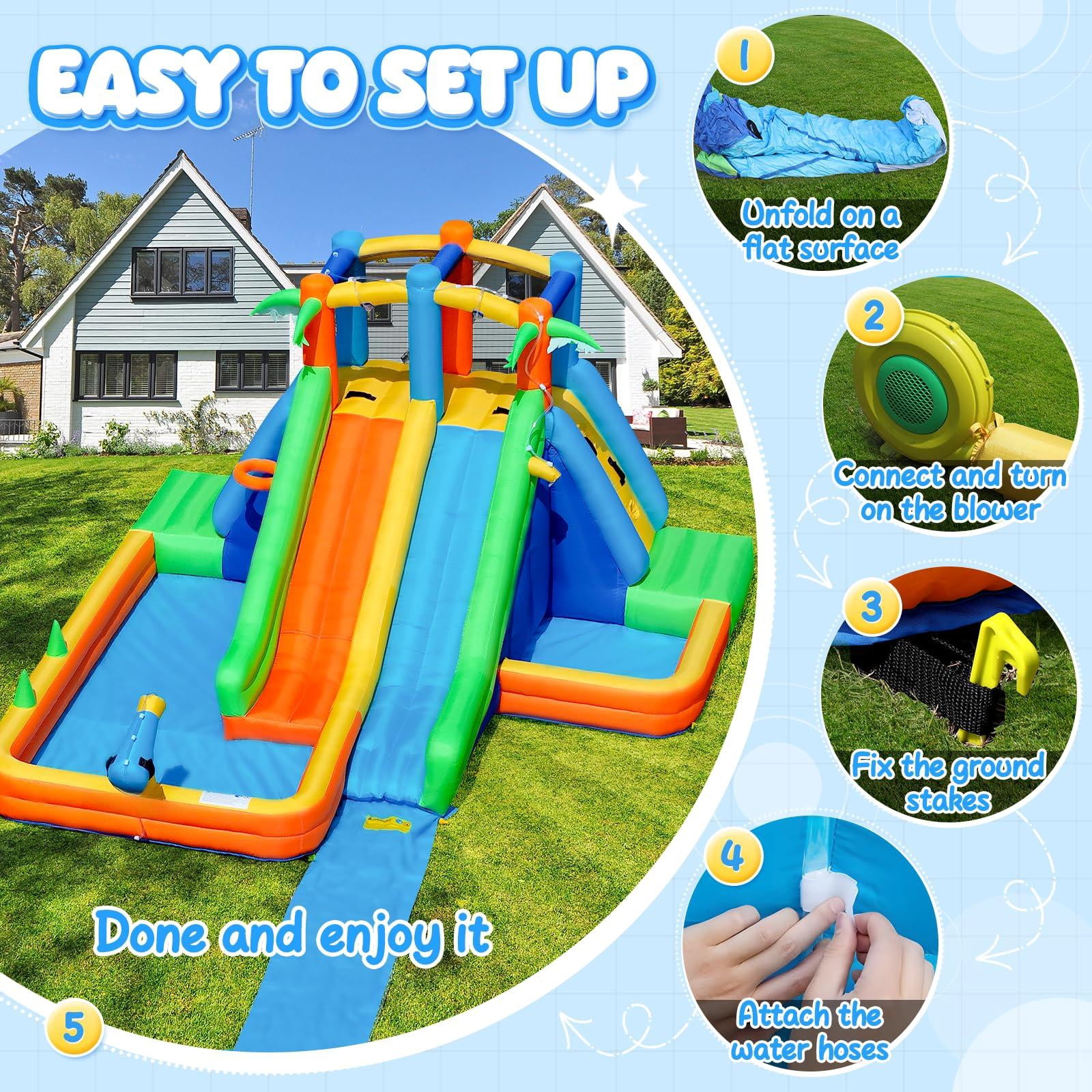 Inflatable Lawn Water Slide Park with Extend Splash Slide and Basketball Hoop
