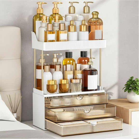 Bathroom Organizers and Storage - 3 Drawers 2 Tier Makeup Organizer, Cosmetic Storage Drawer for Dresser Countertop and Bathroom Vanity for Large Skincare, Perfume, Amber
