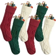 COWIN 6 Pack Knit Christmas Stockings, 18 Cable Knitted Stocking Decorations Xmas Rustic Farmhouse for Family Holiday Season, Burgundy, Ivory White, Green