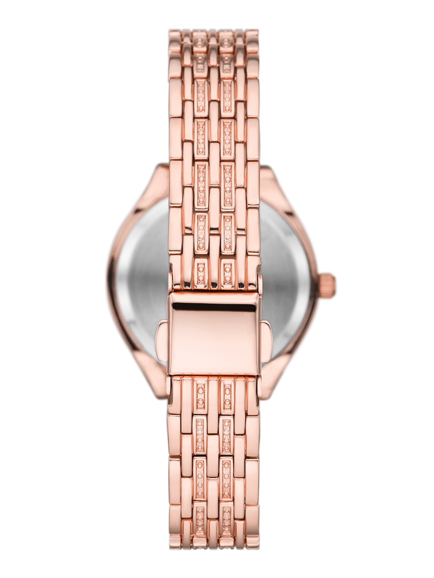Folio Women's Gift Set; Rose Gold Tone Bracelet Watch, Clear Stone Case and Rose Gold Link Bracelet and Necklace with Heart Pendant(FMDAL1172)