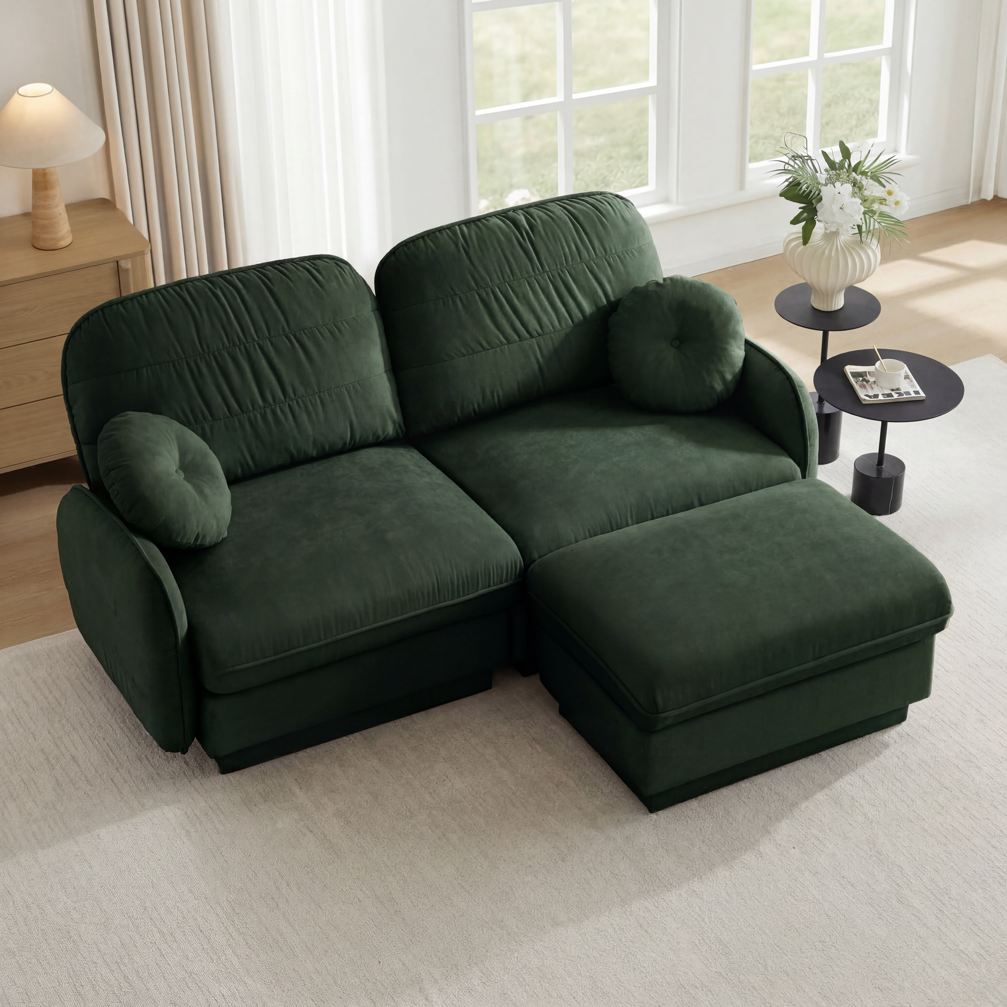 Mintazer Chenille Cloud Loveseat Sofa with Movable Ottoman and Round Pillows, L-Shaped Ergonomic Sofa Couch for Living Room, Bedroom, Green