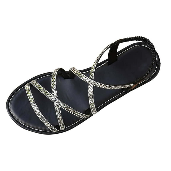 HomeDM Womens Flats Sandals Rhinestone Strappy Open Toe Elastic Ankle Strap Slip on Comfy Summer Beach Walking Sandals, Black Size 6.5