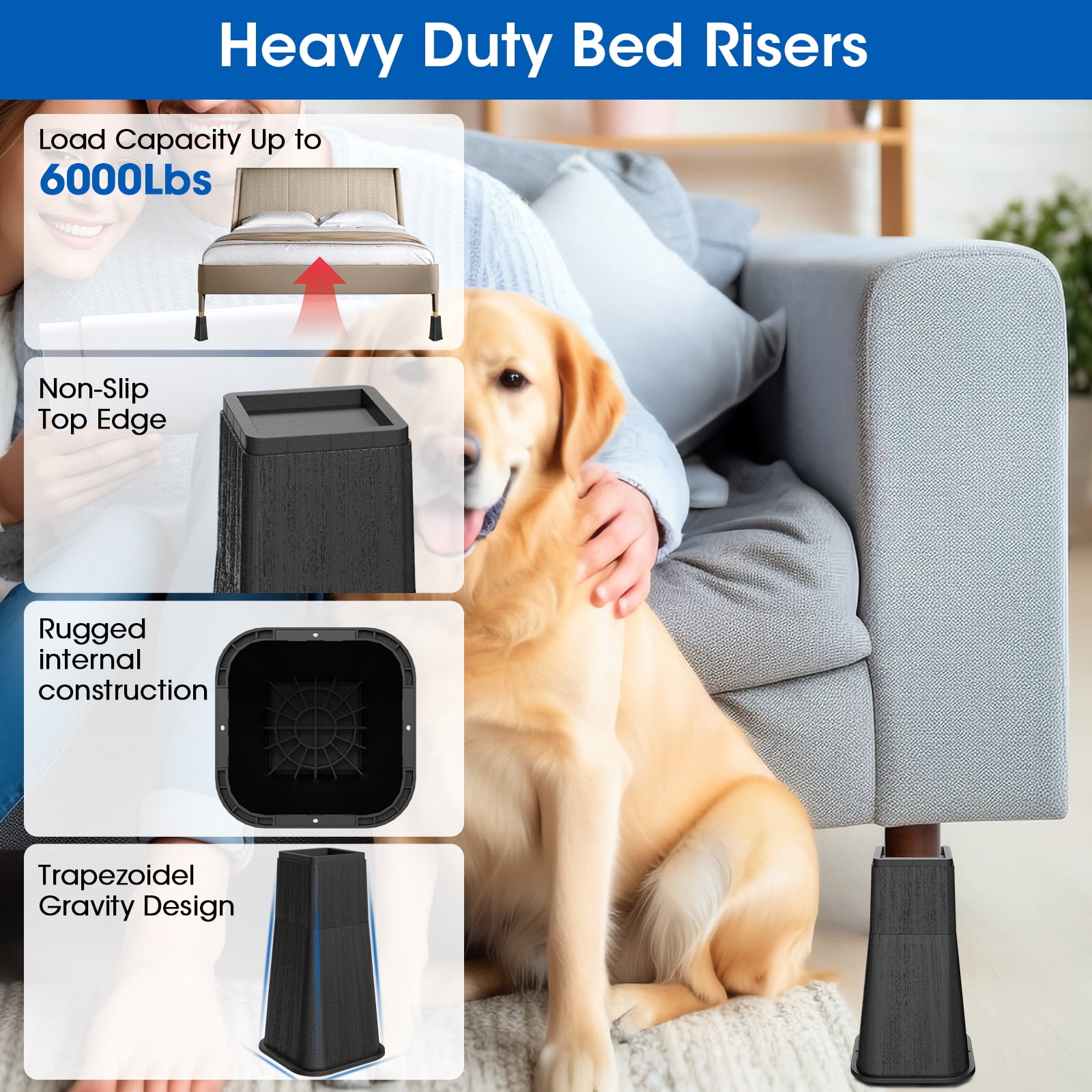 Bed Risers 12 Inch Heavy Duty, Stackable Furniture Risers Lifts 4inch 8inch, 12inch for Table, Desk Leg, Sofa, Couch, Supports Up to 6,000 Lbs, Black, 4 Pack