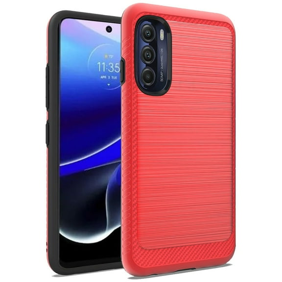 For Motorola Moto G Stylus 5G 2022 Slim Hybrid TPU 2-Piece Bumper Shockproof Brushed Texture Carbon Fiber Hard PC Back Cover ,Xpm Phone Case [ Red ]