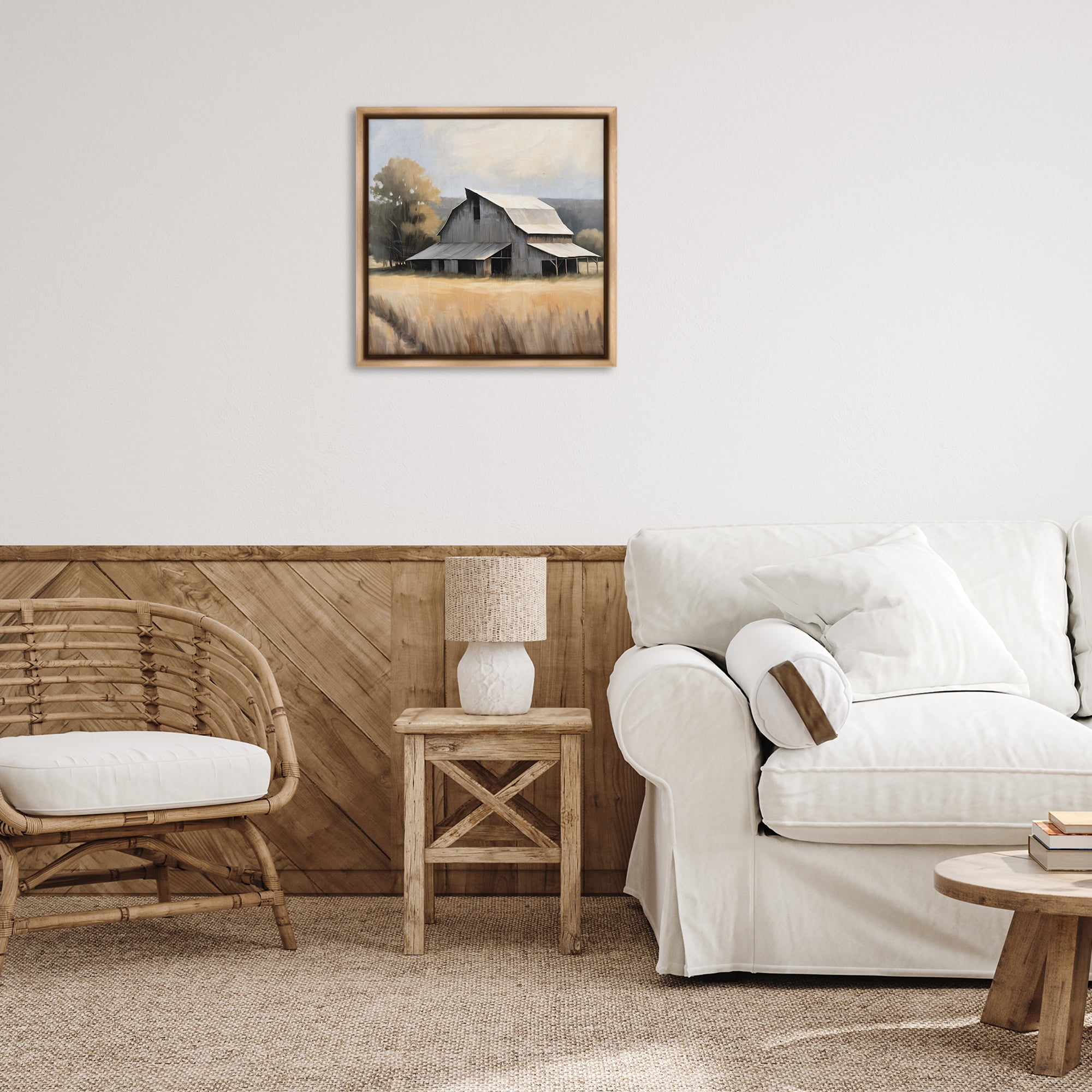 Stupell Industries Peaceful Barn in Field Landscape Painting Brown Floater Framed Canvas Art Print Wall Art, 25 x 25