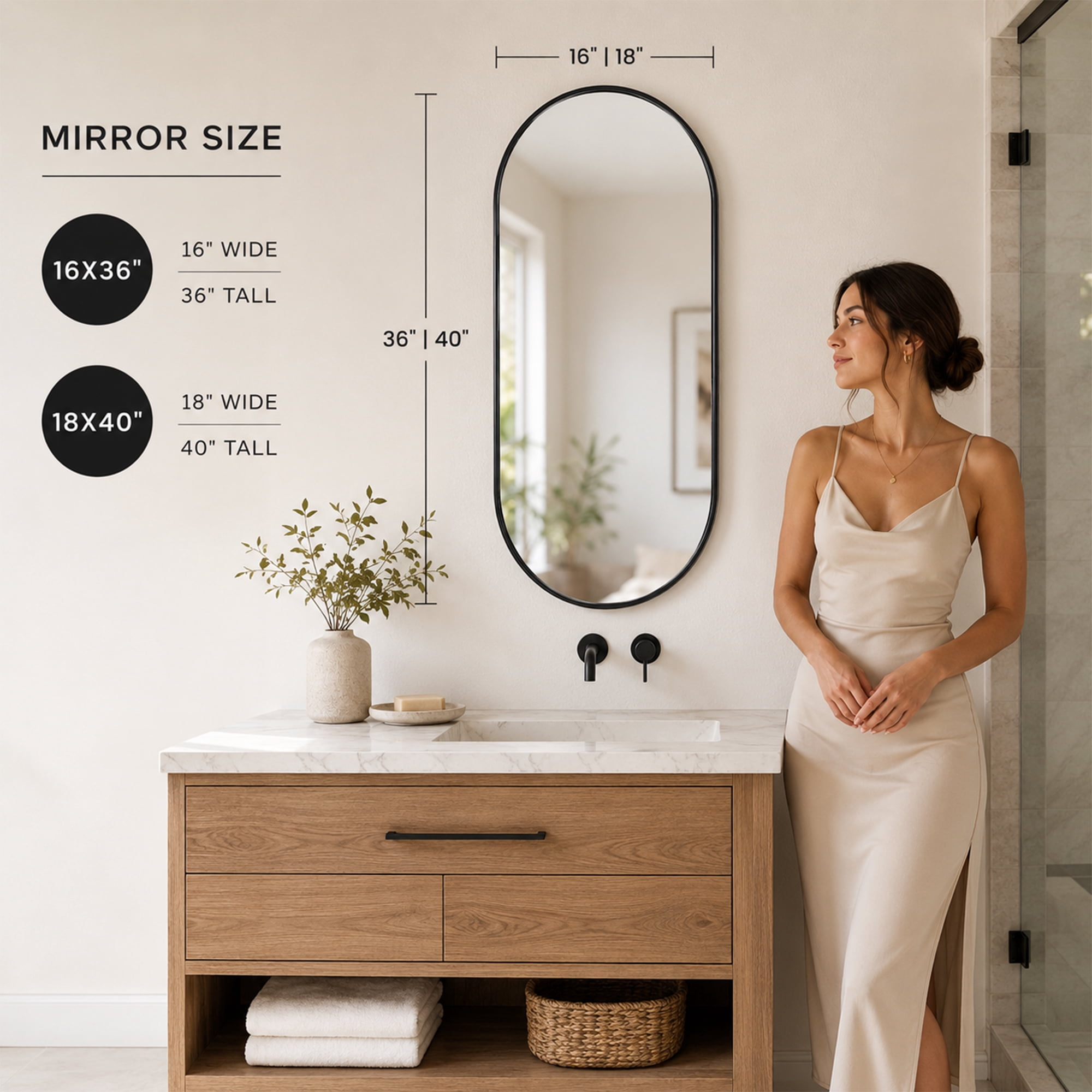 PVC Frame Mirror, Black 18x40in