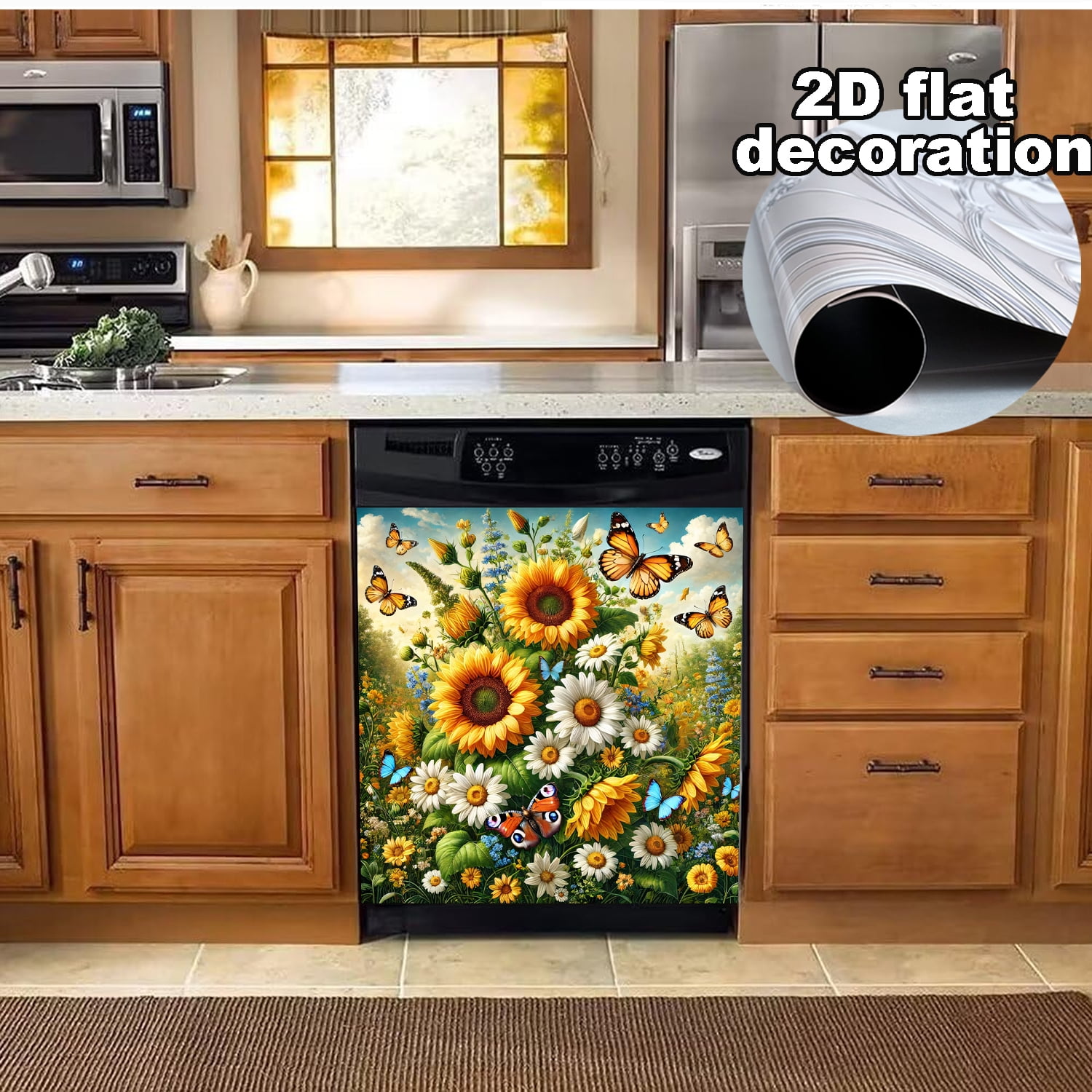 1Pc Dishwasher Magnet Cover, Sunflowers and Butterflies Magnet Sticker Fridge Panel Decal for Home Kitchen Decor, 23x26 in