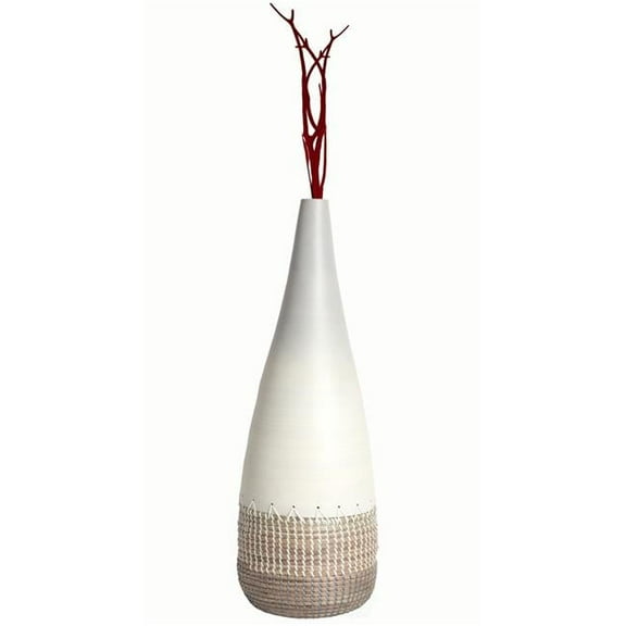 Spun Bamboo & Coiled Seagrass Patterned Vase, White - Large