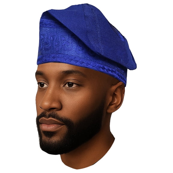 Blue Embroidered African Hand woven Aso Oke Hat