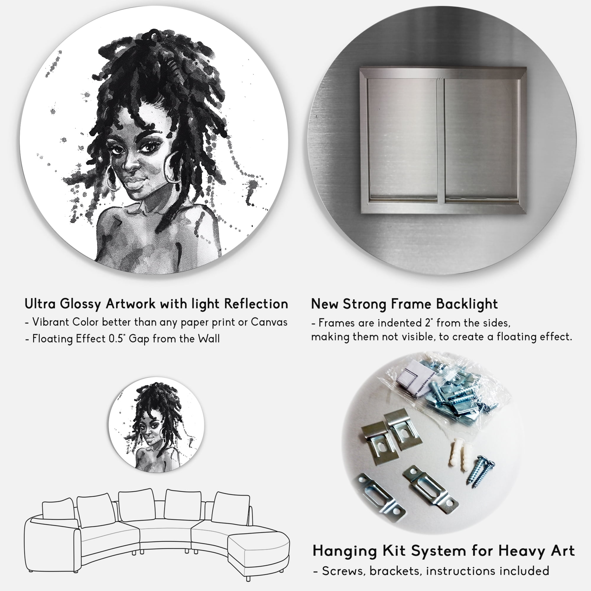 Designart 'Black and White Portrait of African American Woman II' Modern Circle Metal Wall Art 29x29 - Disc of 29