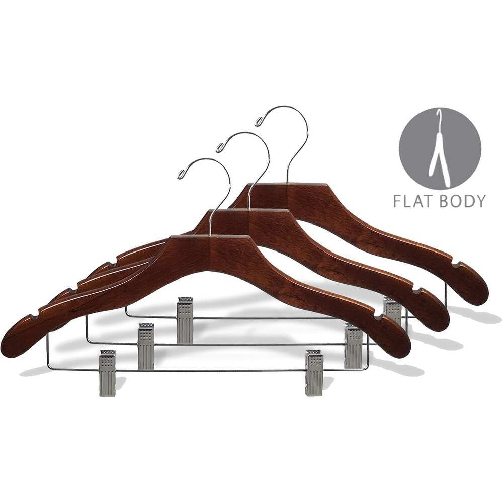 International Innovations Wavy Walnut Suit Hanger with Clips and Notches (Case of 50)
