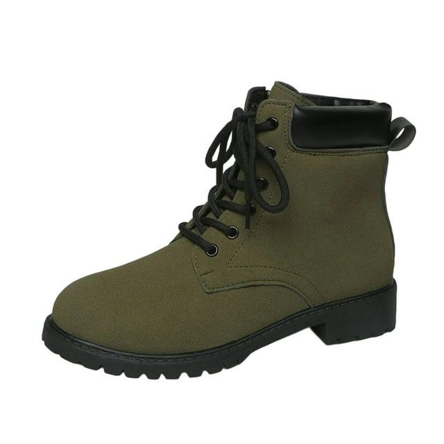 Bottes à Lacets pour Femmes Vert Armée en Daim Matériau Talon Épais Bas Confortables pour Automne Hiver